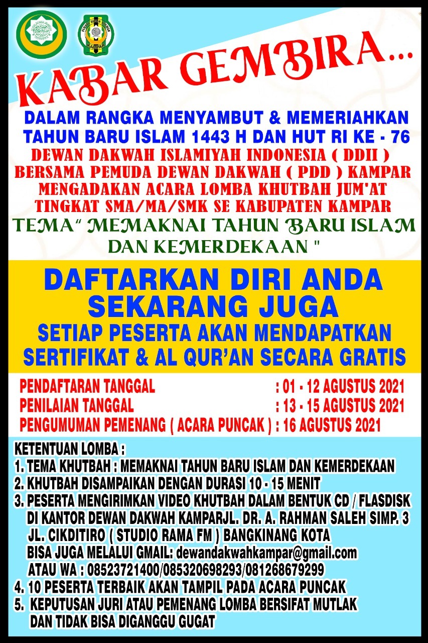 Sambut Tahun Baru Islam dan HUT RI, Dewan Dakwah Kampar Adakan Lomba Khutbah Jum’at Antar SMA/MA/SMK Se kabupaten Kampar
